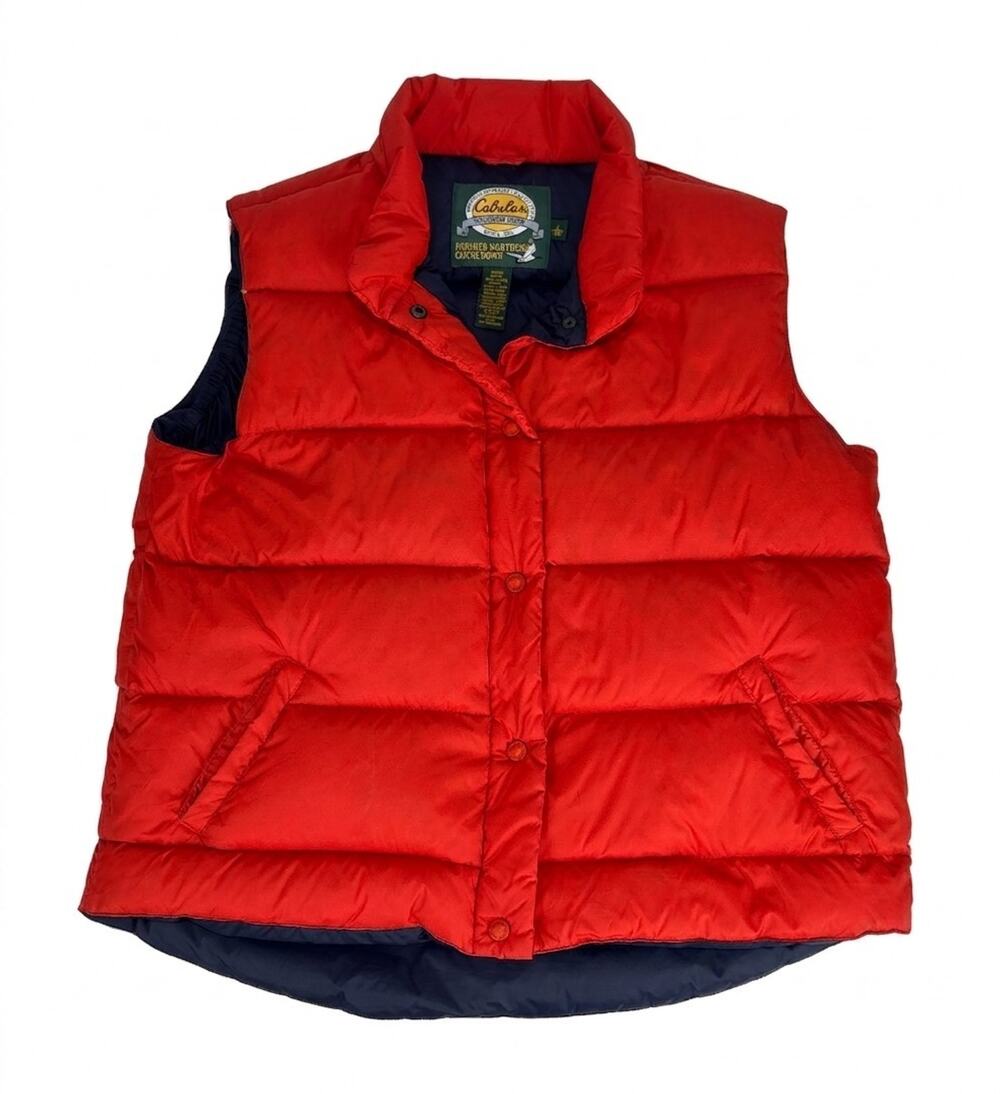 Cabelas Premier Northern Goose Down Puffer Vest Mens Large Orange Hunt Gun Camp